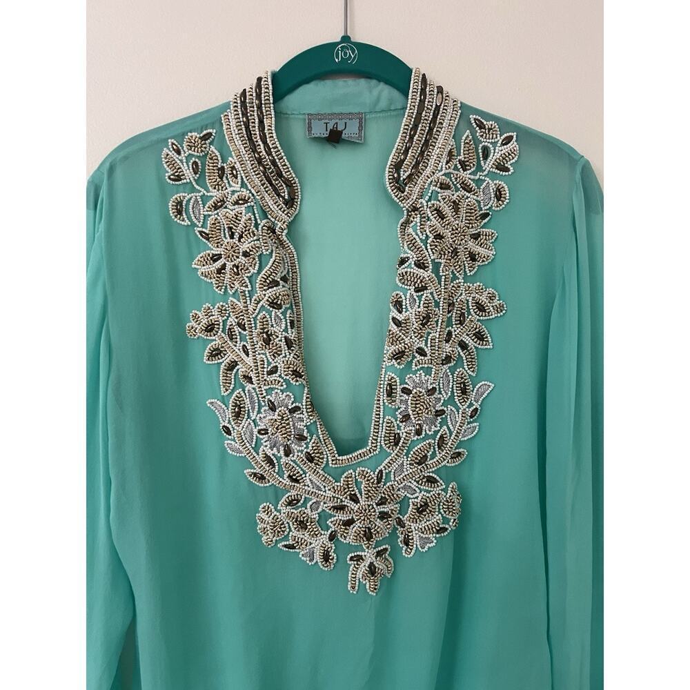 Sabrina Crippa Taj Blue Turquoise Silk Beaded Embroidered Cover Up Sheer Top Sm - Picture 5 of 10